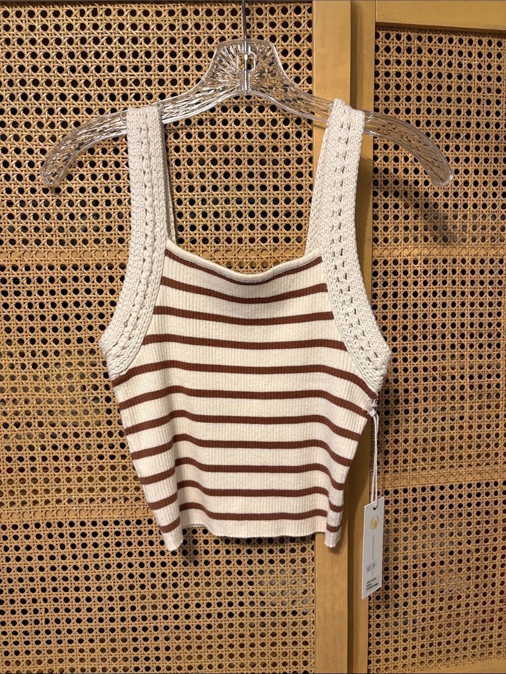 NWT Ocean Drive Cream & rust Striped Ribbed Knit crochet detail Tank M